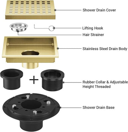 EXF Shower Drain 6 Inch Brushed Gold, Stainless Steel Square Shower Floor Drain Kit with ABS Flange, Removable Cover Grid Grate, Hair Strainer