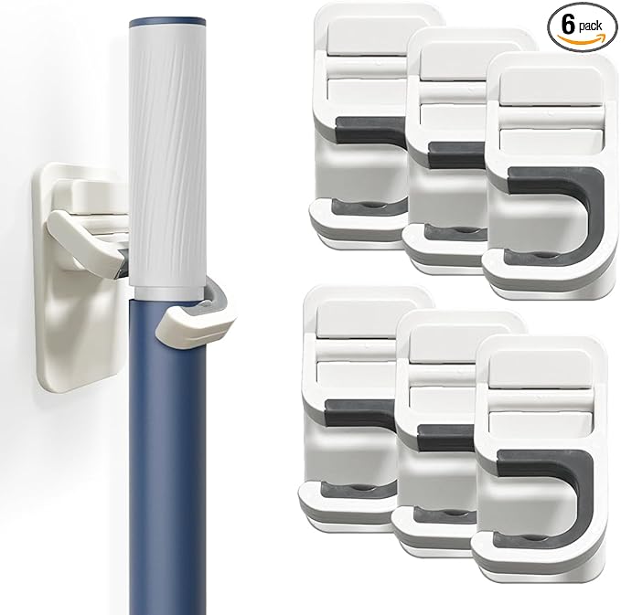 ALLICAVER 6 Pack Broom and Mop Holder Wall Mount, No-Drill Self Adhesive Gripper Hooks, Anti-Slip Organizer for Mop, Broom, Dustpan and Cleaning Tools