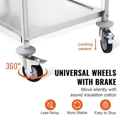 VEVOR Kitchen Utility Cart, 3 Tiers, Wire Rolling Cart with 220LBS Capacity, Steel Service Cart on Wheels, Metal Storage Trolley with 80mm Basket Curved Handle PP Liner 6 Hooks, for Indoor and Outdoor