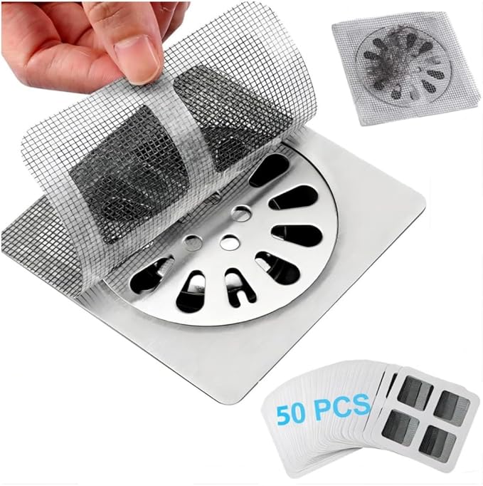 50 Pack Disposable Shower Drain Hair Catcher with Scrapper - Mesh Stickers for Bath, Bathtub, Bathroom, Kitchen Sink, Laundry - Hair Catcher Shower Drain for Human & Pet Hair