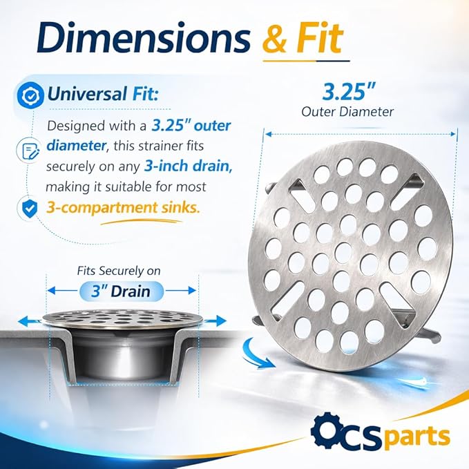 OCS Parts Set of Two Commercial Kitchen Sink Flat Strainers | Universal Fit 3-Inch Stainless Steel Strainer | Fits Most 3 Tier Compartment Sinks (2-Pack)