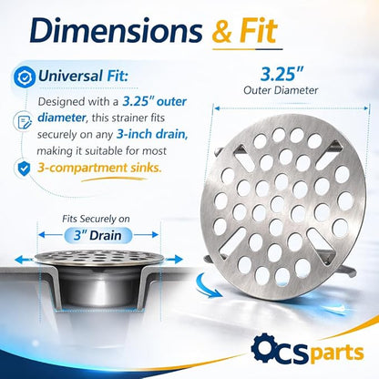 OCS Parts Commercial Kitchen Sink Flat Strainer | Universal Fit 3-Inch Stainless Steel Strainer | Fits Most 3 Tier Compartment Sinks (Single)