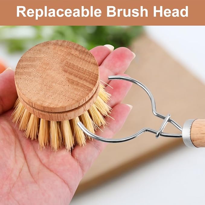 Bamboo Dish Brush with Handle,Natural Kitchen Brushes with 3pcs Replacement Heads, Horsehair, Sisal, Palm,All Purpose Kitchen Scrub Brush,Fruit and Veggie Brush Scrubber