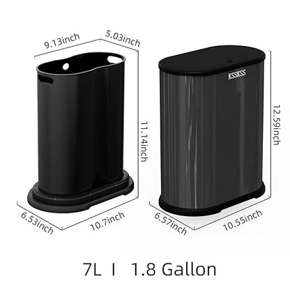KSSKSS 1.8 Gallons Small Stainless Steel Trash Can with Press Type Lid, Slim Bathroom Garbage Bin, Removable Liner Bucket, Narrow Wastebasket with Pop-Up Lid for Bedroom,Toilet (Titanium Black)