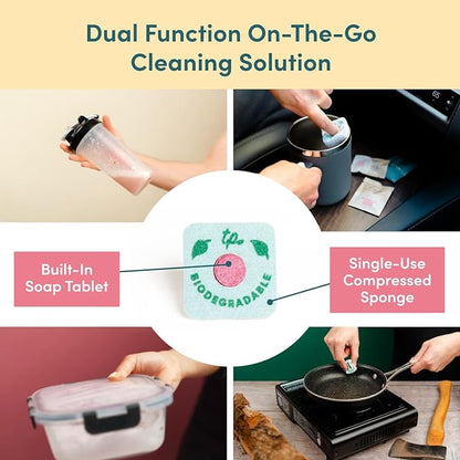 Sponge n' Go: 20-Pack Mini Travel Dish Soap & Sponges | Eco-Friendly, Soap-Infused, Single-Use Cellulose Compressed Sponges | Your On-The-Go Cleaning Companion for Trips, Camps, Work