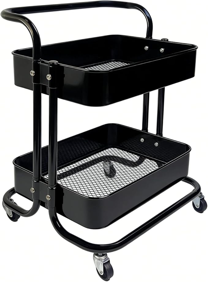 2 Tier Rolling Utility Cart with Wheels All-Metal Short Pantry Cart Under Desk Storage Trolley with Handle, Small Rolling Storage Shelf for Small Space Kitchen Laundry Room Bathroom, Black