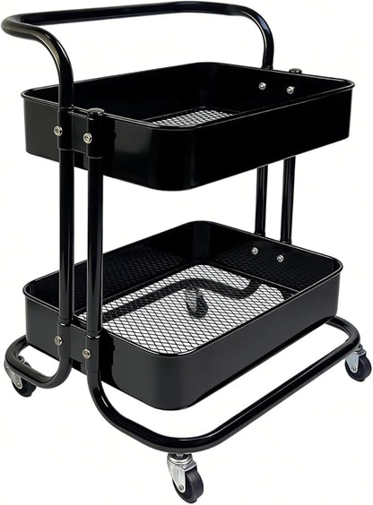 2 Tier Rolling Utility Cart with Wheels All-Metal Short Pantry Cart Under Desk Storage Trolley with Handle, Small Rolling Storage Shelf for Small Space Kitchen Laundry Room Bathroom, Black