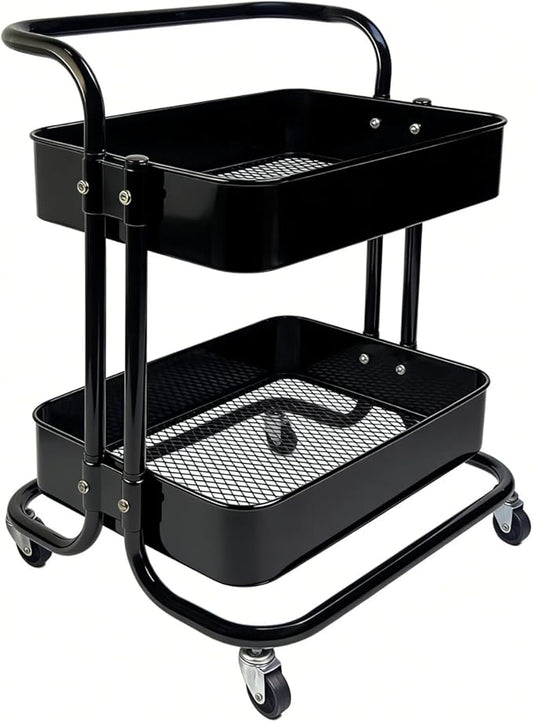 2 Tier Rolling Utility Cart with Wheels All-Metal Short Pantry Cart Under Desk Storage Trolley with Handle, Small Rolling Storage Shelf for Small Space Kitchen Laundry Room Bathroom, Black