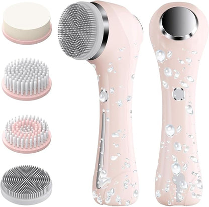 Facial Cleansing Brush, 2 in 1 Ｗaterproof IPx7 Facial Spin Scrubber Set with 4 Brush Heads, Rechargeable Exfoliating Face Brush Deep Cleansing, Gently Exfoliate and Remove Blackhead (Pink)