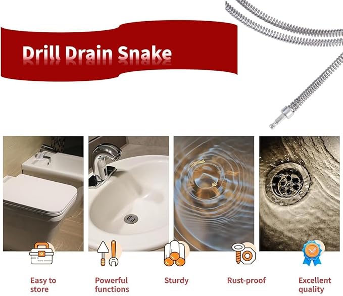 9.8 FT Drill Drain Snake,Sink Unclogging Tool That Can Be Connected To An Electric Drill, Hair Catcher Drain Snake,Drain Auger Drill Attachment,Drill Snake For Plumbing