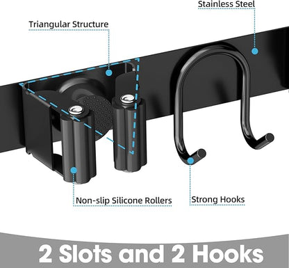 Broom Holder Wall Mount, Stainless Steel Mop and Broom Organizer, Broom Hanger with 2 Slots 2 Hooks for Home Kitchen, Garage, Garden and Laundry Room, Black