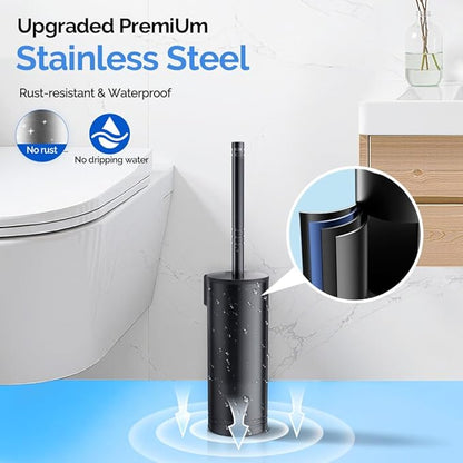 HAMITOR Toilet Brush and Holder Set: Stainless Steel Heavy Duty Bowl Cleaner Brush - Deep Cleaning Under Rim Curved Bristle - Space Saving Wall-Mounted for Home RV Bathroom Accessories Black 1 Pack