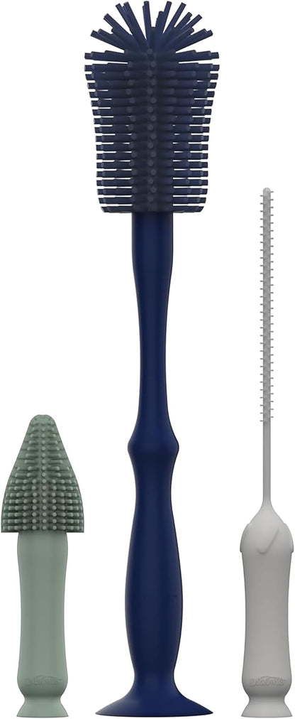Dr. Brown's Silicone Cleaning Brush Set with Bottle, Spout, and Straw Brush, 3-Pack + Baby Bottle Sponge Brush, Blue, 3-Pack