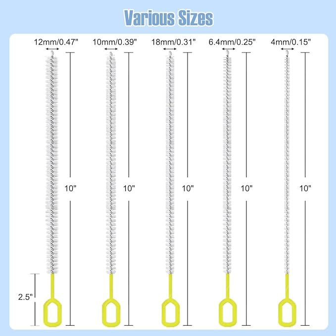 Extra Long 10 Inch Straw Cleaner Brush, Heavy Duty Thin Bristle Straw Brushes for Cleaning, Reusable Metal Straw Cleaner Brush Set for Stanley Cup, Glass Pipe & Drinking Straws (5-Pack)