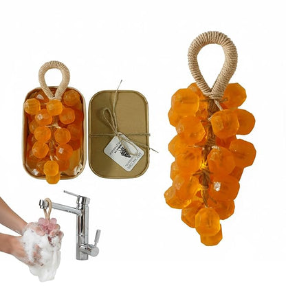 Grape Soap on a Rope, 25 Grapes Decorative Bath Bar with Rope, Soft Lather Cluster Soap for Hand, Face & Body, Multi-Use Hanging Scent Accent (1, Calendula)