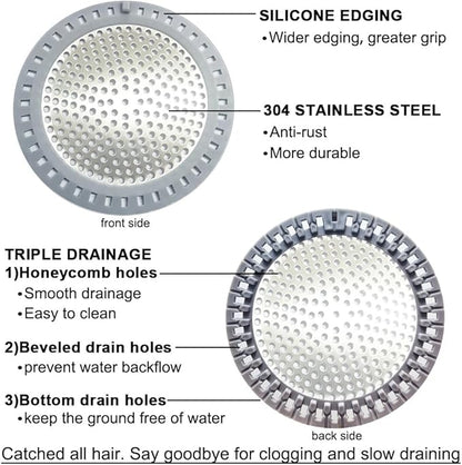 Seatery 2PCS Shower Drain Hair Catcher, Shower Drain Strainer, Stainless Steel with Silicone Edging, 4.75 Inch Diameter