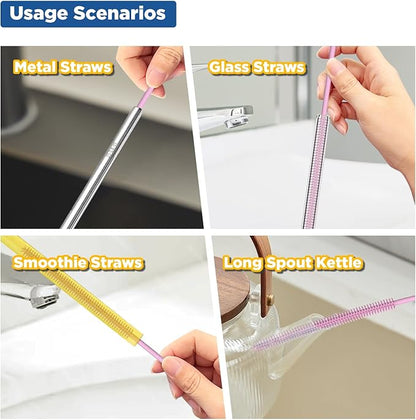 YOTIME Silicone Straw Cleaner Brush, 2Pcs Reusable Straw Brush Extra Long for Cleaning Tumbler with Handle and Glass Metal Smoothie Straws, Non-slip Handle Soft and Bendable, 6mm+9mm, Pink