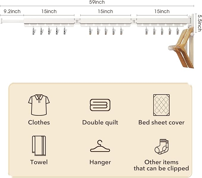 ZdwCyl Wall Mounted Clothes Hanger,Clothes Drying Rack,Laundry Rack Wall Mount,Drying Rack Clothing,Clothes Rack Retractable,Collapsible(Tri-Fold), with Windproof Holes & Clips,White Color