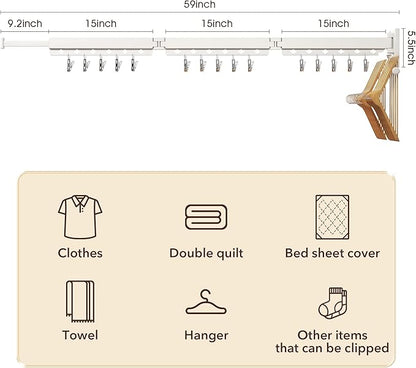 ZdwCyl Wall Mounted Clothes Hanger,Clothes Drying Rack,Laundry Rack Wall Mount,Drying Rack Clothing,Clothes Rack Retractable,Collapsible(Tri-Fold), with Windproof Holes & Clips,White Color