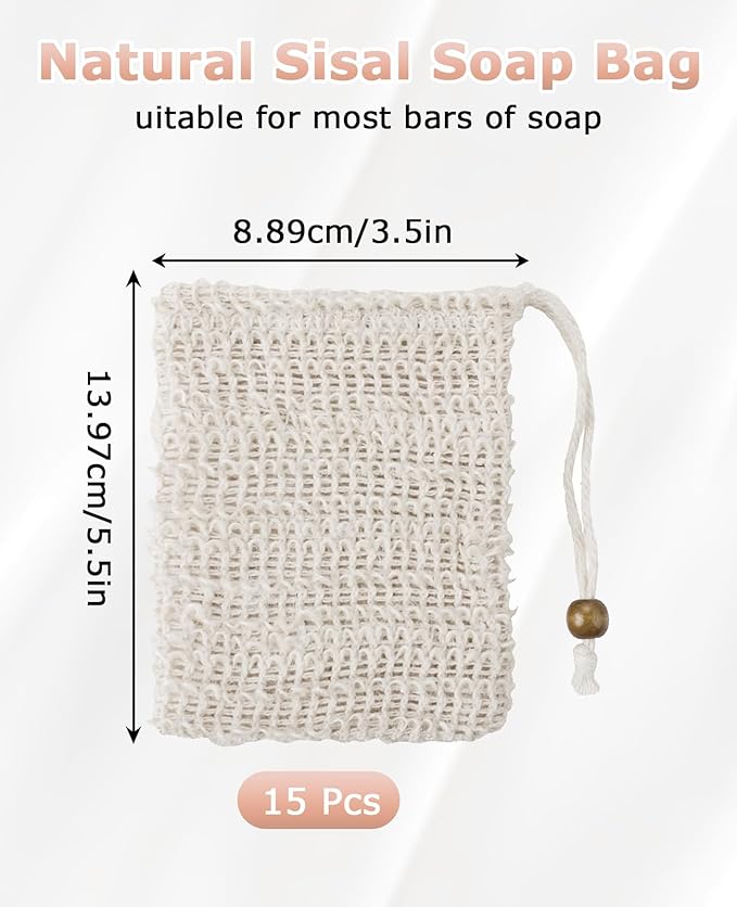 15 Pcs Natural Sisal Soap Saver Bag, Reusable Bar Soap Scrubber Exfoliating Pouch for Shower Washing Body