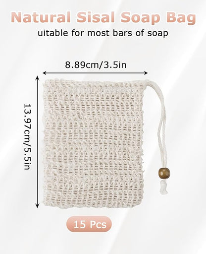 15 Pcs Natural Sisal Soap Saver Bag, Reusable Bar Soap Scrubber Exfoliating Pouch for Shower Washing Body