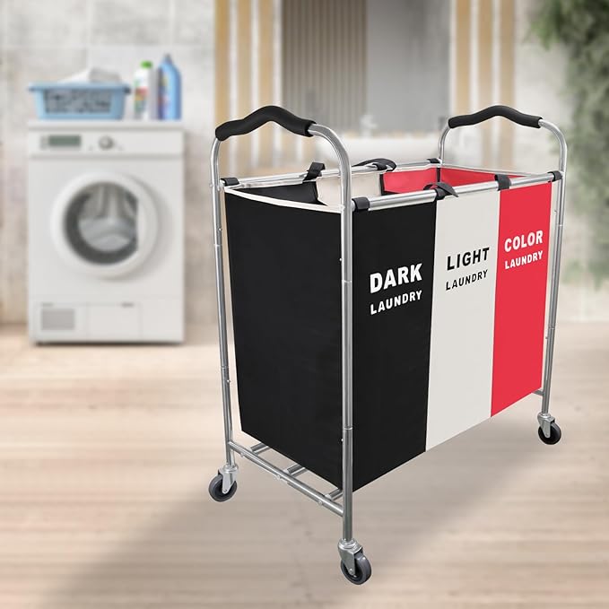 240L Laundry Hamper, Large Blanket Storage Basket Sorter 3 Section Bag Organizer for Dirty Clothes - Toys - Towel,16 X 34 X 35 inch Heavy Duty Laundry Cart Baskets (Black and white Red wheel)