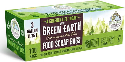 Green Earth Compostable Small Kitchen Food Scrap Trash Bags, Extra Thick 0.71 Mil, Compost Bin Compatible, 3 Gallon, 11.35 Liter, 100-Count, ASTM D6400, BPI (US) & OK Compost Home (EU) Certified