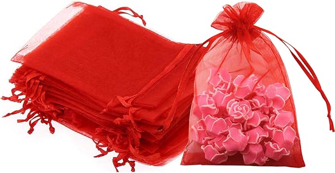 100 Pc 5x7 inch Gift Wrap Bags Red,Organza Sheer Fabric,Drawstring Glossy Pastel Treat Bags for Baby Shower Favor,House Party Favors,Bridal Shower Favor,Lipsense Holder,Xmas,Tea,Cookies,Chocolate