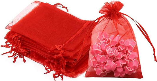 100 Pc 5x7 inch Gift Wrap Bags Red,Organza Sheer Fabric,Drawstring Glossy Pastel Treat Bags for Baby Shower Favor,House Party Favors,Bridal Shower Favor,Lipsense Holder,Xmas,Tea,Cookies,Chocolate
