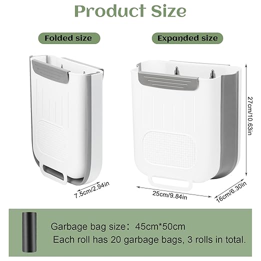 Collapsible Hanging Trash Can, Compost Bin Kitchen with 60pcs of Garbage Bags, 2.6 Gallon Plastic Folding Garbage Bin for Cabinet, RV, Camping, Bedroom