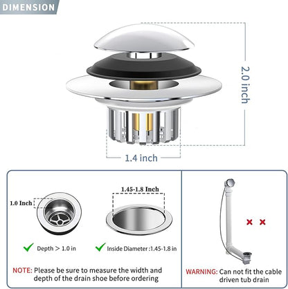Universal 3 in 1 Bathtub Drain Stopper Bathtub Drain Hair Catcher, Pop-up Tub Stopper with Effective Filter Basket, Anti-Clogging Bathtub Drain Plug Bath Tub Stoppers for 1.45-1.8" Drain Shoe