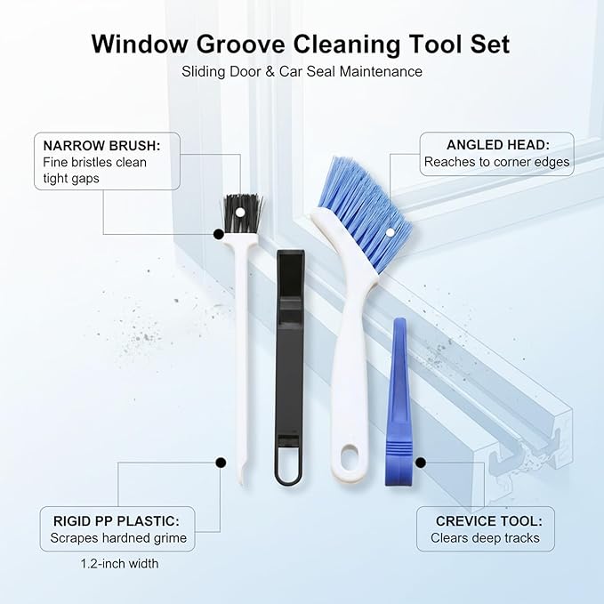 Window Groove Cleaning Tool Set, Narrow Track Cleaner for Sliding Doors & Car Seals, 1.2-Inch Width