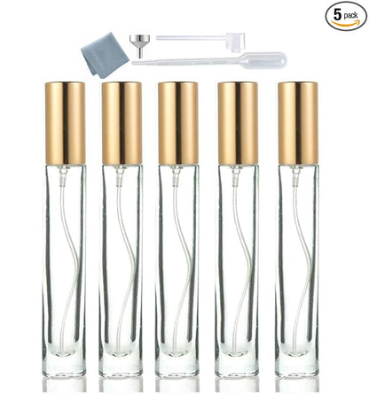 Thick Glass 5pcs 10ml 1/3oz Gold Spray Bottle Refill Perfume Hydrating Fragrance Fine Mist Atomizer Cosmetic Container Round Tube Party Makeup Tool Travel Gift Sample