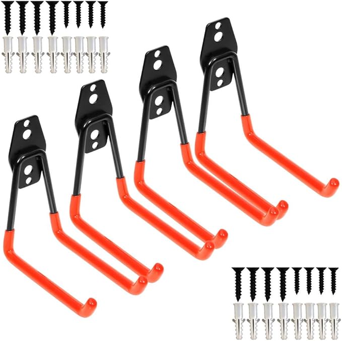 Storage Double Hooks Garage Space Saver Organizer Utility Hanger,Rack Extended Wall Mount Tool Heavy Duty Steel Holder with Anti-Slip Coating (4 Pack Orange 5.1" Medium Hook)