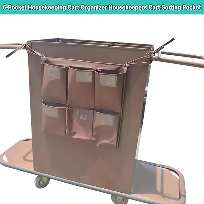 Replacement Janitorial Cart Bag, High Capacity Waterproof Thickened Housekeeping Commercial Janitorial Cleaning Cart Bag with 6 Brass Grommets - 25 Gallon (Horizontal 6-Pocket - Brown)