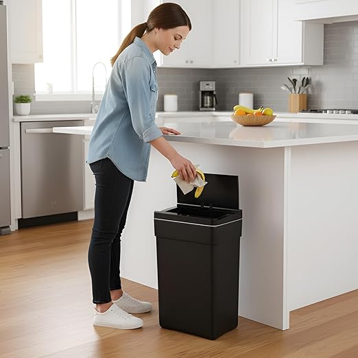 PayLessHere 13 Gallon 50 L Trash Can with Lid Plastic Kitchen Trash Bin Automatic Touch Free Motion Sensor Trash Can (3, Black)