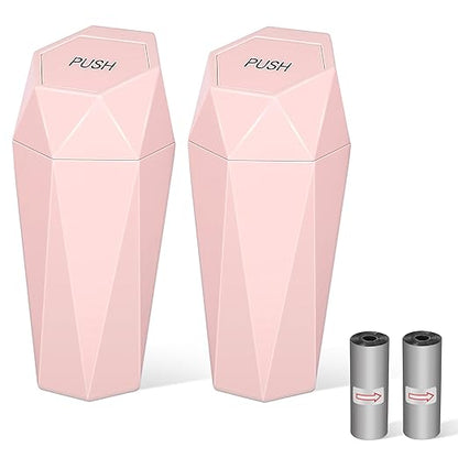 Car Trash Can with Lid, Mini Car Trash Cup with 30 Additional Trash Bags, Car Accessories for Interior, Leakproof Vehicle Garbage Bin for Car, Home, Office - 2 Packs, Pink