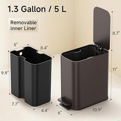 TIPGO Small Bathroom Trash Can with Lid Soft Close, Step Pedal, 1.3 Gallon / 5 Liter Stainless Steel Slim Garbage Can for Office, Diaper Waste Basket with Removable Inner Bucket (Brown)