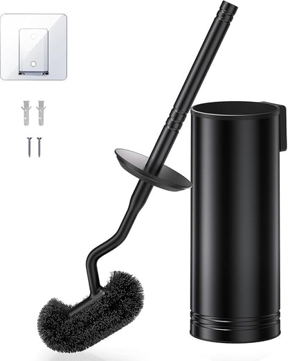 HAMITOR Toilet Brush and Holder Set: Stainless Steel Heavy Duty Bowl Cleaner Brush - Deep Cleaning Under Rim Curved Bristle - Space Saving Wall-Mounted for Home RV Bathroom Accessories Black 1 Pack