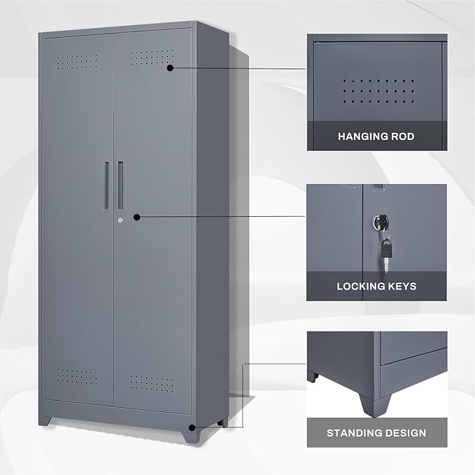72.8" H Metal Broom Closet Storage Cabinet with 2 Doors and 4 Adjustable Shelves,Locking Storage Cabinets for Garage,Laundry Room,Grey