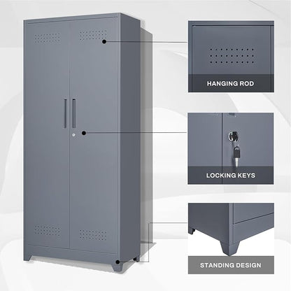 72.8" H Metal Broom Closet Storage Cabinet with 2 Doors and 4 Adjustable Shelves,Locking Storage Cabinets for Garage,Laundry Room,Grey
