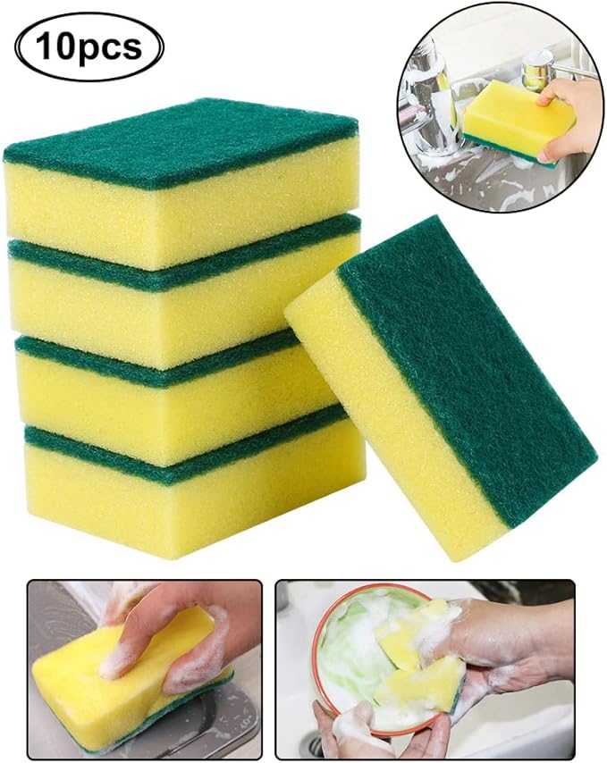 AKOAK 10 Pcs 3.9" x 2.8" x 1.2" Heavy Duty Scrub Sponge – Kitchen Dish, Sink and Bathroom Cleaning Scrubber Sponge