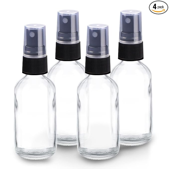 Wedama 2 oz Mini Glass Spray Bottles, Empty Small Spray Bottles with Funnel Dropper, Fine Mist for Hair, Travel, Plants, Cleaning Solutions and Skin Care (4 Pack Clear)