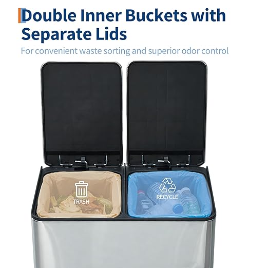 Dual Compartment Trash Can, 2 x 5.3 Gallon / 20L Stainless Steel Recycling Bin with Soft-Close Lid, Foldable Foot Pedal, Odor-Sealing Waste Sorter for Kitchen Office Bedroom