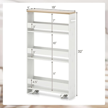 Giantex 4 Tier Rolling Slim Storage Cart, 5" Narrow Slide Out Kitchen Cart w/Handle & Open Shelves, Space-Saving Compact Mobile Utility Trolley for Small Space Laundry Room (White & Natural)