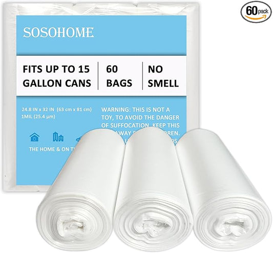 15 Gallon Trash Bags - 1 MIL Ultra Strong Tall Kitchen Garbage Bags, Unscented Trash Can Liners for Office, 60 Count