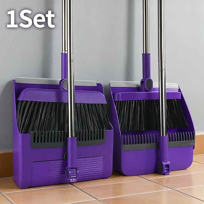2-in-1 Broom with Dustpan Combo Set,Long Handle Broom Dustpan Combo with Dustpan Teeth to Automatically Clean Hair for Home, Indoor or Outdoor Cleaning Hall Floor (Purple)