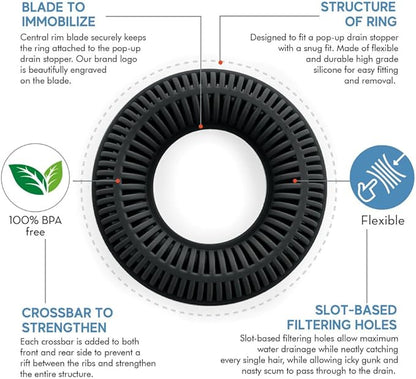 Hair Catcher for Shower Drain & Bathtub – TubRing Pop-Up Drain Protector & Strainer, Reusable Silicone Stopper for Bathroom Clog Prevention, Fits 1.85"–2.16" Drains | Black