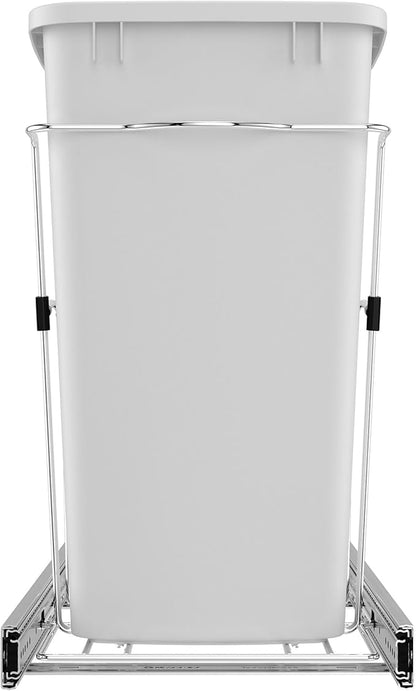 Rev-A-Shelf Single 35 Qt Pullout Trash Can for Base Kitchen Cabinets, Garbage Waste Bin System with Full Extension Slides, Min Opening Width of 11.5", White/Chrome, RV-12KD-11C