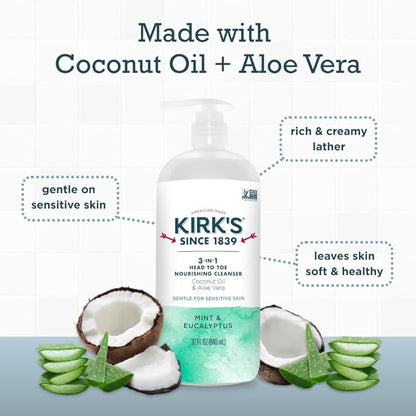 Kirk's Mint and Eucalyptus 3-in-1 Nourishing Cleanser, Shampoo Body Wash Bubble Bath, Coconut Oil and Aloe Vera, Vegan Non-GMO, 32 Fl Oz